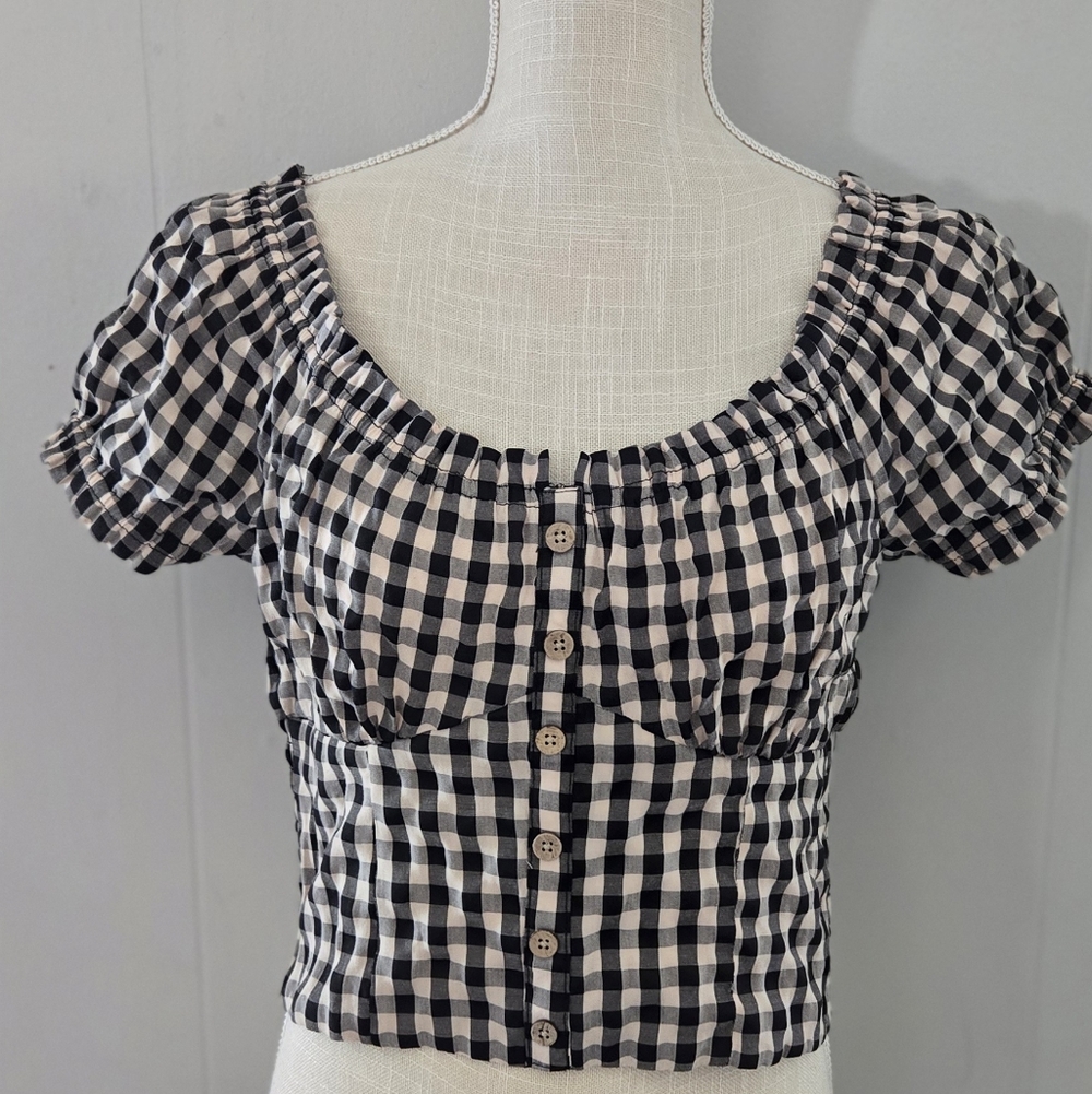 Gingham Puff Sleeve Crop Top - Black & White